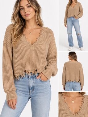 Distressed Cropped V-Neck Ribbed Knit Sweater S/M Caren Forbes